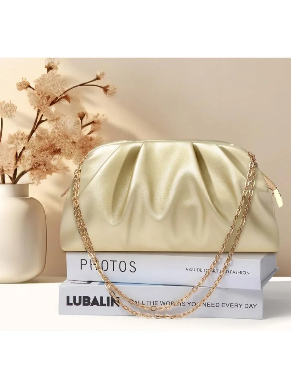 Women's Gold Soft Pleated Pu Clutch Purse Elegant Evening Wedding Bag